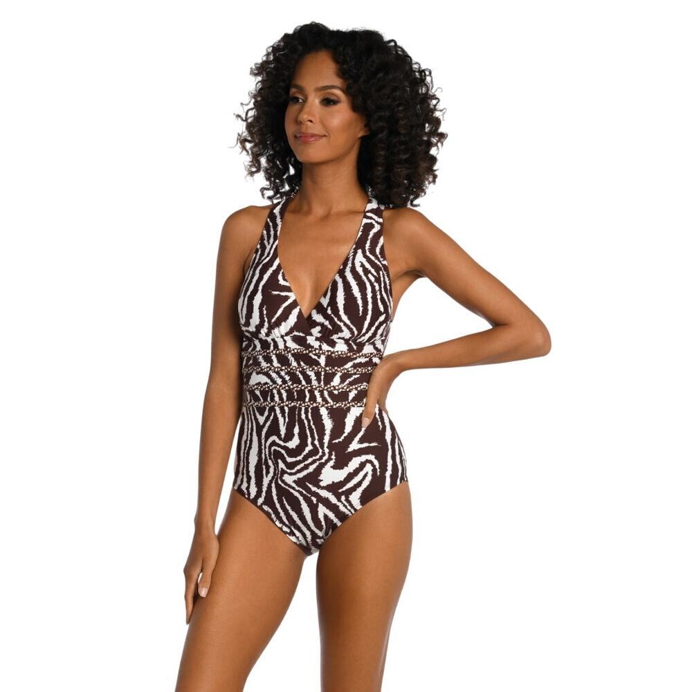 La Blanca Women's One-Piece Swimsuit Size 10 ‎ Brown Cream Animal Print